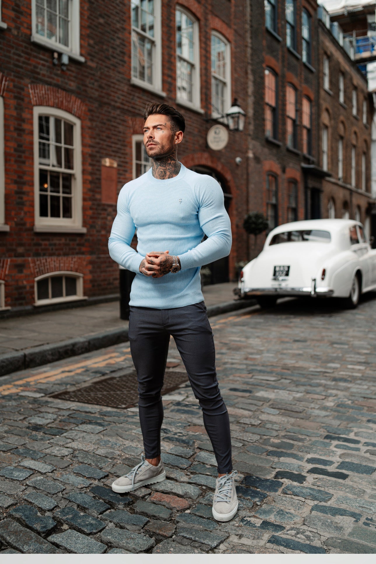 Sky Blue Honeycomb Knitted Crew Jumper for Men - Super Slim Fit with Stylish Metal Decal by Father Sons - FSN067