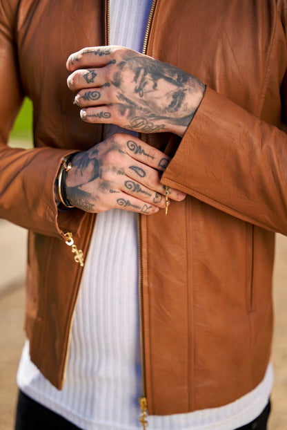 Stylish Tan Lambskin Leather Jacket with Gold Accent Zippers - FSH793 for Men