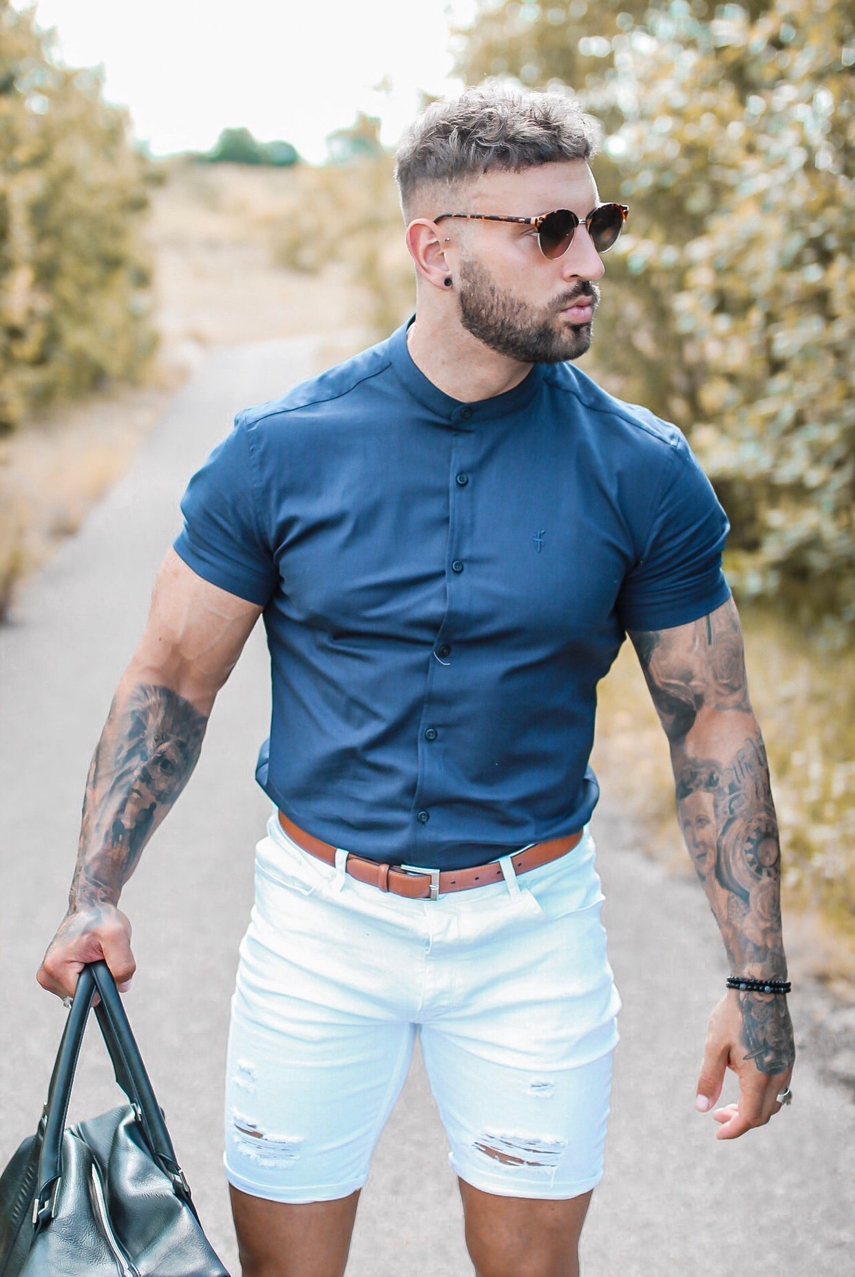 Elevate Your Wardrobe with the Father Sons Super Slim Stretch Grandad Collar Navy Oxford Shirt - FS584