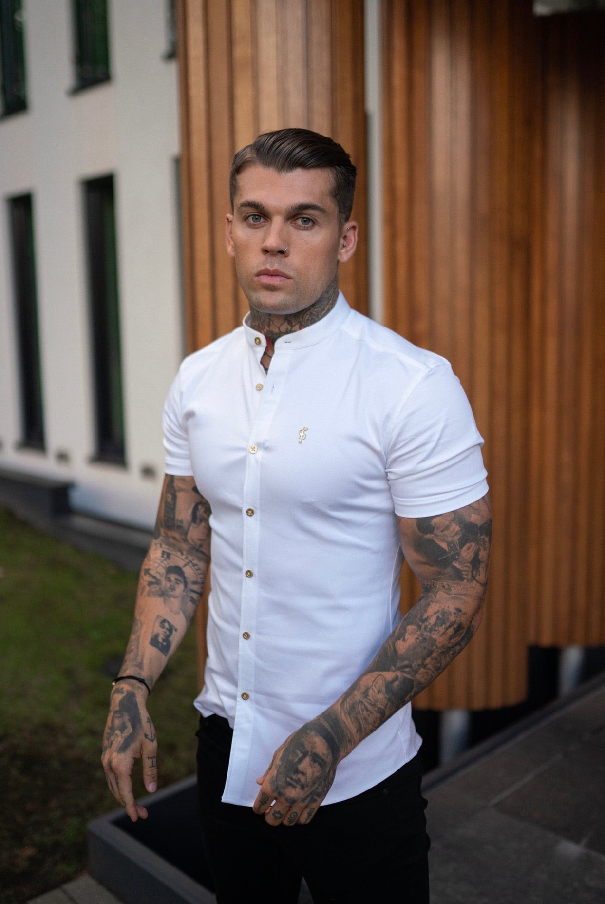 Elevate Your Style: Father Sons Super Slim Stretch White Denim Grandad Shirt with Metal Buttons and Decal Emblem - FS720