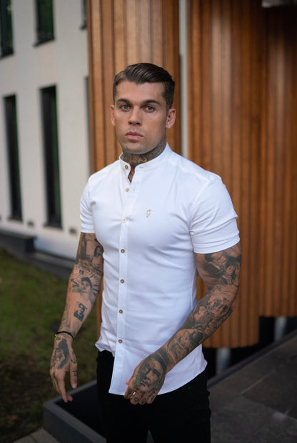 Elevate Your Style: Father Sons Super Slim Stretch White Denim Grandad Shirt with Metal Buttons and Decal Emblem - FS720