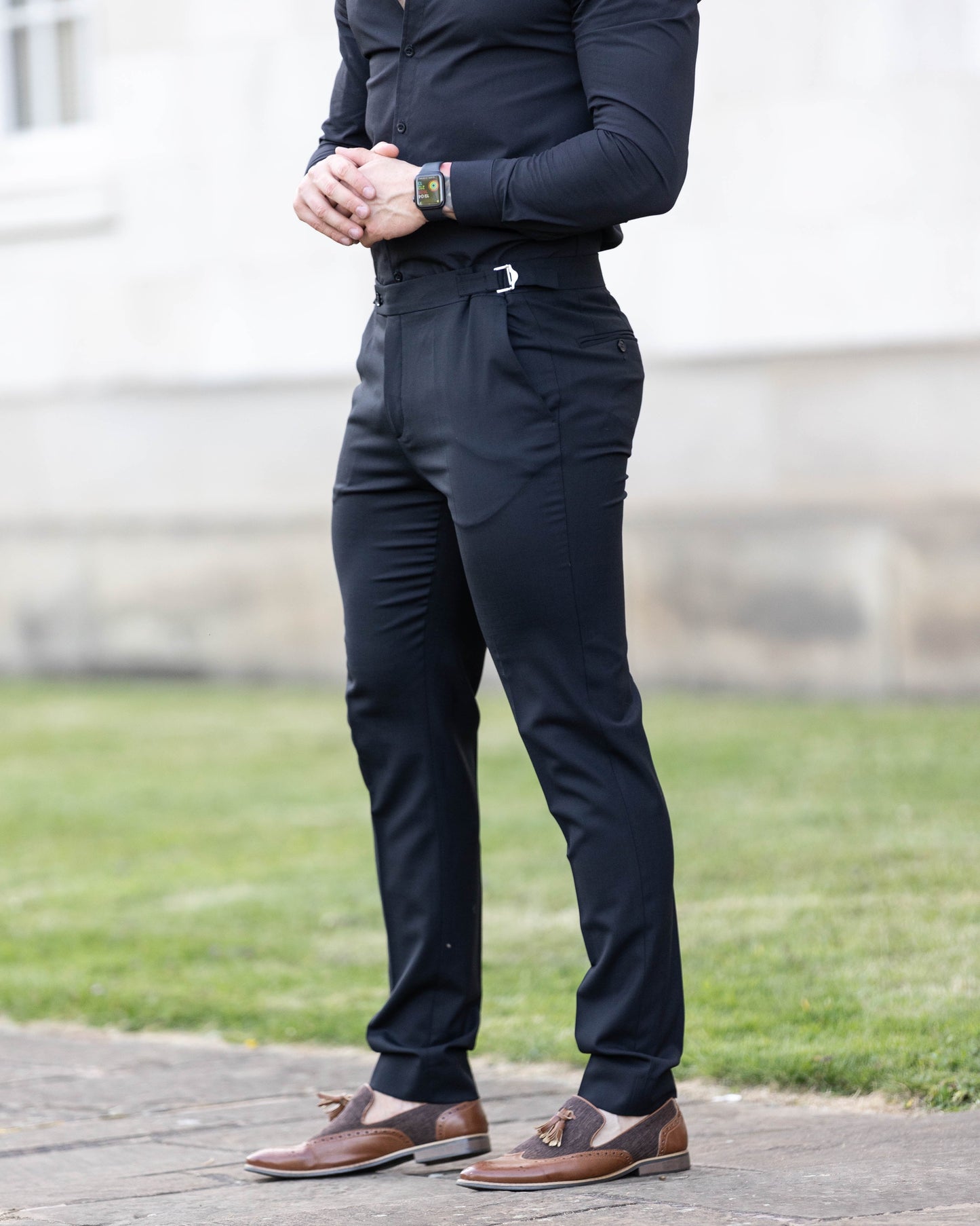 Elevate Your Style: Father Sons Slim Fit Black Stretch Trousers with Chic Silver Waist Adjusters - Pre-Order Now for September 19th!