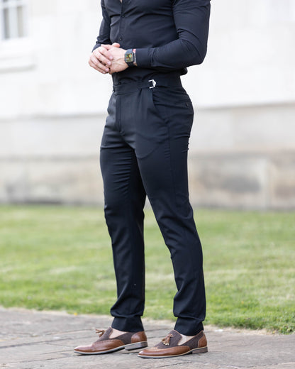 Elevate Your Style: Father Sons Slim Fit Black Stretch Trousers with Chic Silver Waist Adjusters - Pre-Order Now for September 19th!