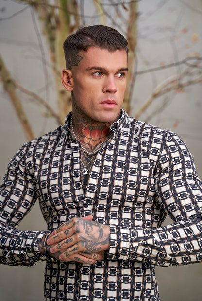 Elevate Your Style with the Father Sons Super Slim Fit Stretch Long Sleeve Shirt in Black, Cream, and Taupe Link Print – FS848