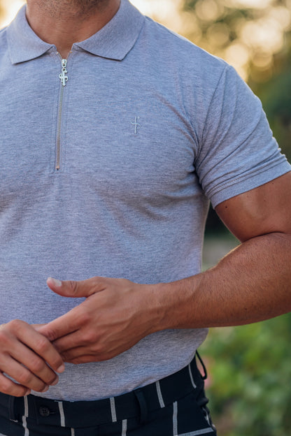Elevate Your Style with the Father Sons Classic Light Grey & Silver Zip Polo Shirt - FSH813