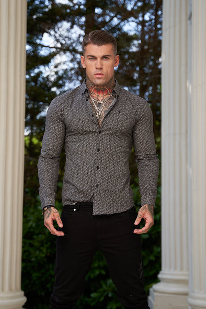 Stylish Father Sons Super Slim Stretch Long Sleeve Shirt in Black and Off White Abstract Print - Perfectly Tailored with Button Down Collar - FS786