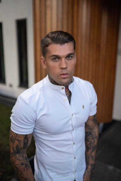 Elevate Your Style: Father Sons Super Slim Stretch White Denim Grandad Shirt with Metal Buttons and Decal Emblem - FS720