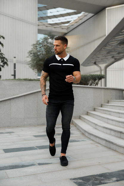 Elevate Your Style with the Father Sons Classic Black & White Striped Zipped Polo - Short Sleeve Edition!