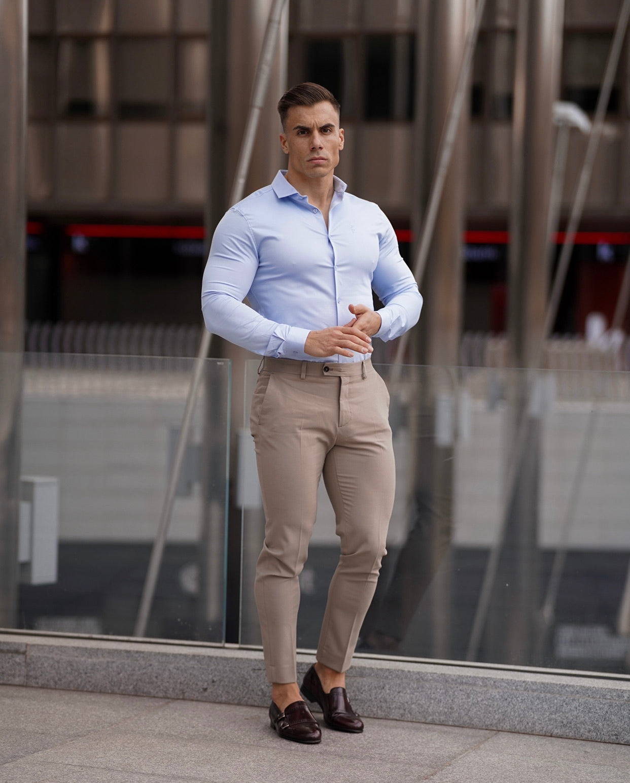 Father Sons Tailored Beige Stretch Trousers for a Sleek Formal Look - FST003