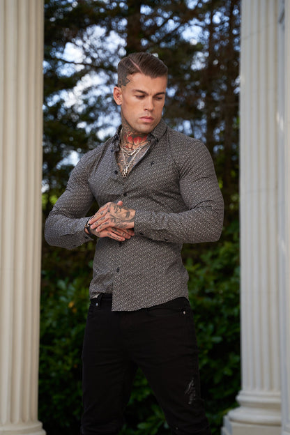 Stylish Father Sons Super Slim Stretch Long Sleeve Shirt in Black and Off White Abstract Print - Perfectly Tailored with Button Down Collar - FS786