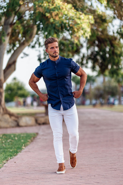 Elevate Your Wardrobe with the Father Sons Super Slim Stretch Grandad Collar Navy Oxford Shirt - FS584