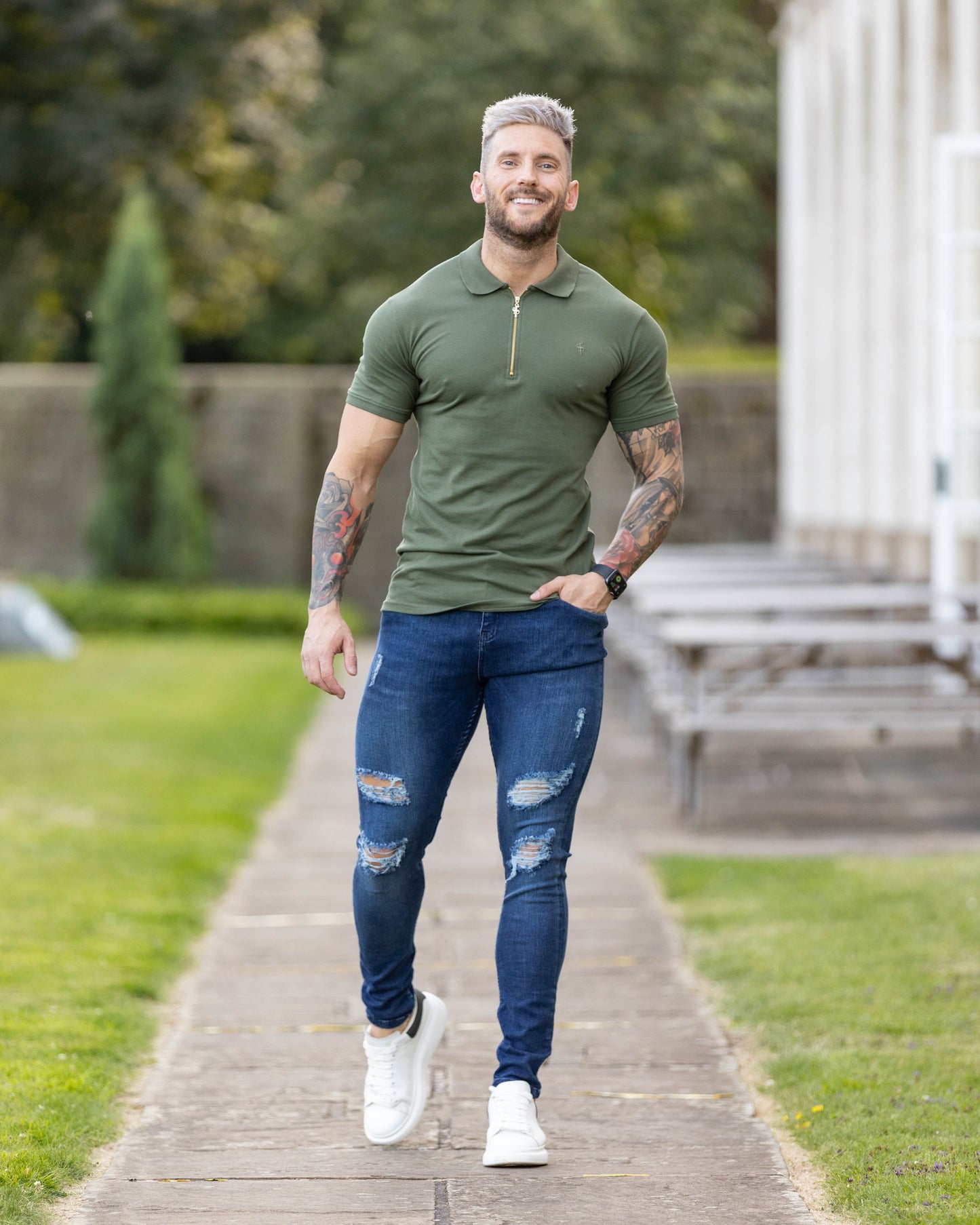 Elevate Your Wardrobe with the Father Sons Luxurious Khaki and Gold Zipped Polo - FSH810