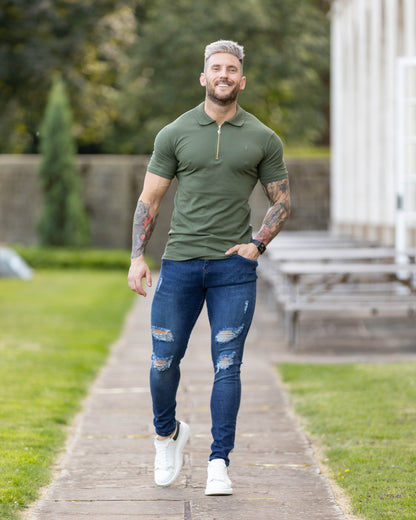Elevate Your Wardrobe with the Father Sons Luxurious Khaki and Gold Zipped Polo - FSH810
