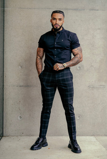 Sleek Charcoal Check Stretch Trousers for Men - Father Sons Slim Fit - FST007