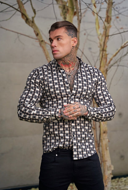 Elevate Your Style with the Father Sons Super Slim Fit Stretch Long Sleeve Shirt in Black, Cream, and Taupe Link Print – FS848