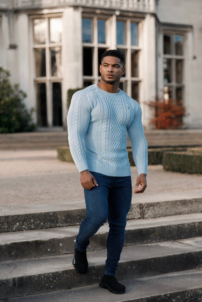 Elevate Your Wardrobe: Father Sons Sky Blue Knitted Cable Crew Jumper with Chic Metal Decal - FSN081