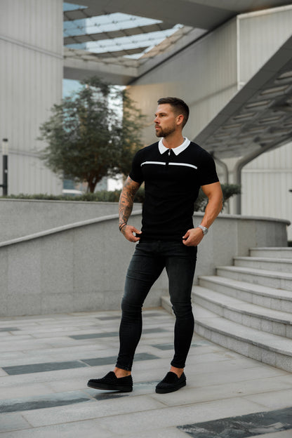 Elevate Your Style with the Father Sons Classic Black & White Striped Zipped Polo - Short Sleeve Edition!