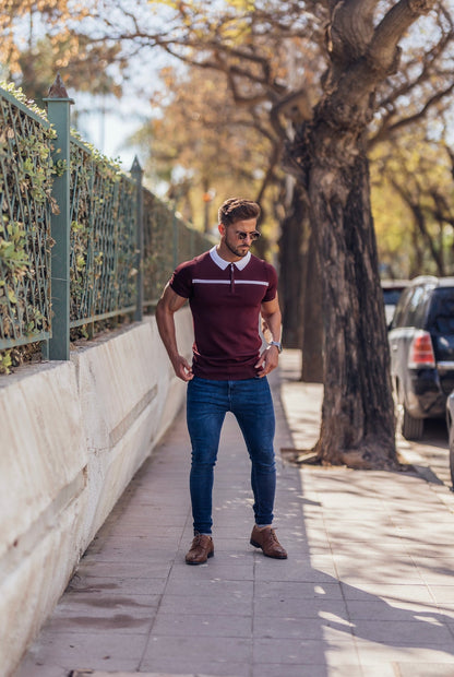 Elevate Your Style with the Father Sons Classic Burgundy and White Striped Zipped Polo - FSN045