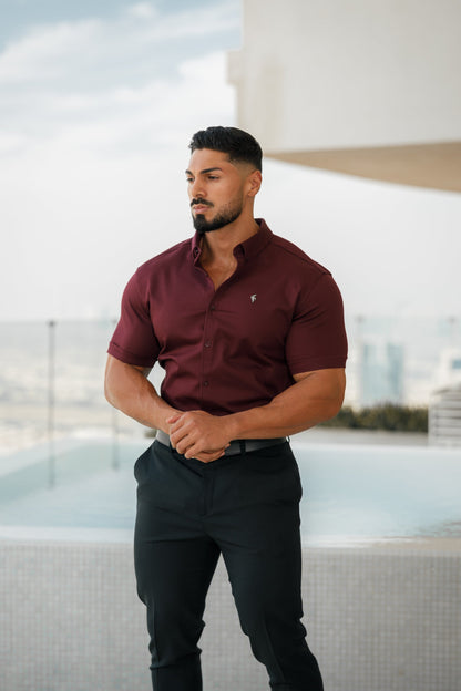Elevate Your Style with the Father Sons Super Slim Stretch Burgundy Short Sleeve Denim Shirt Featuring a Sleek Metal Decal Emblem - FS629