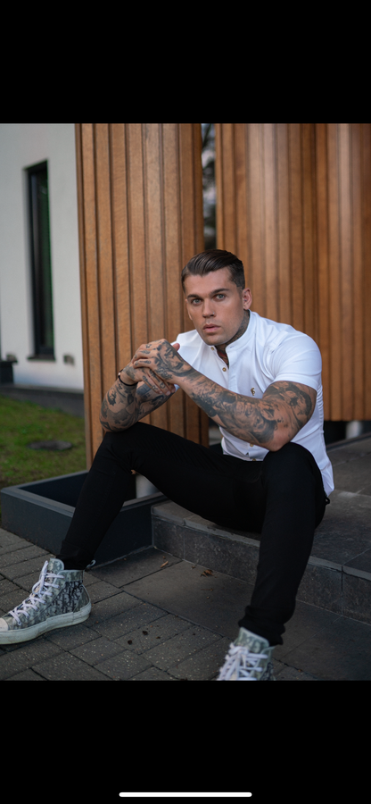 Elevate Your Style: Father Sons Super Slim Stretch White Denim Grandad Shirt with Metal Buttons and Decal Emblem - FS720