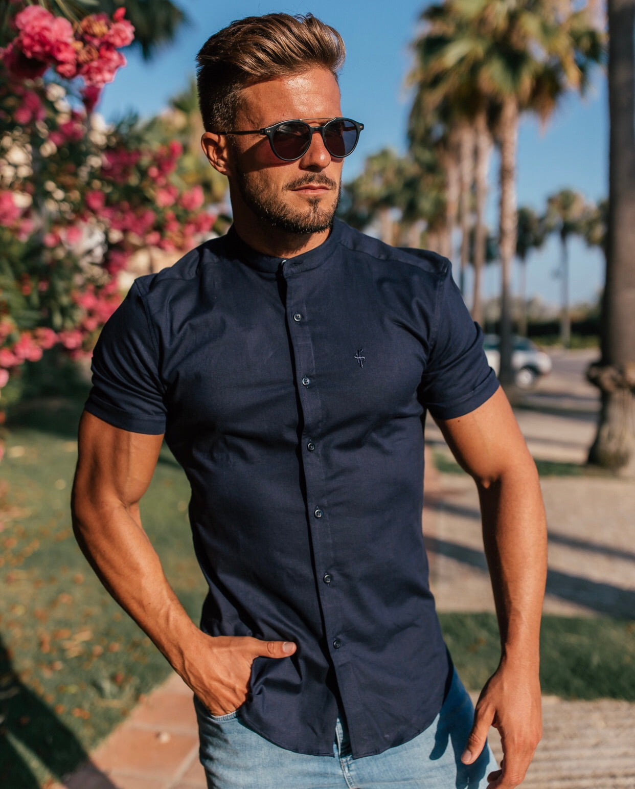 Elevate Your Wardrobe with the Father Sons Super Slim Stretch Grandad Collar Navy Oxford Shirt - FS584