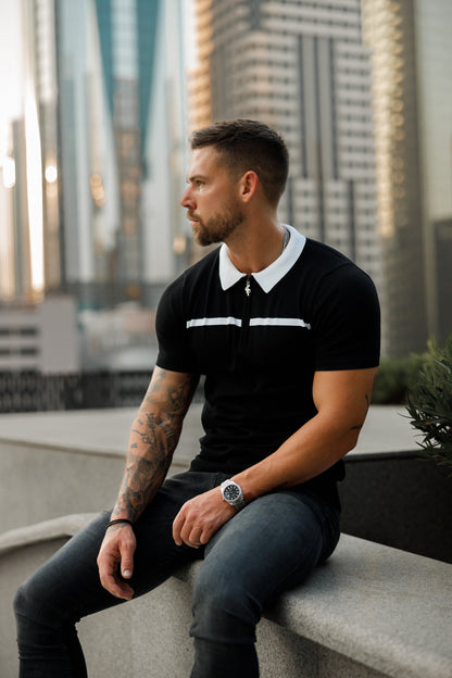 Elevate Your Style with the Father Sons Classic Black & White Striped Zipped Polo - Short Sleeve Edition!