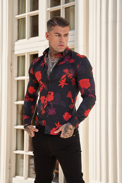 Elevate Your Style with Father Sons Super Slim Stretch Long Sleeve Shirt in Striking Black and Red Floral Print - FS770