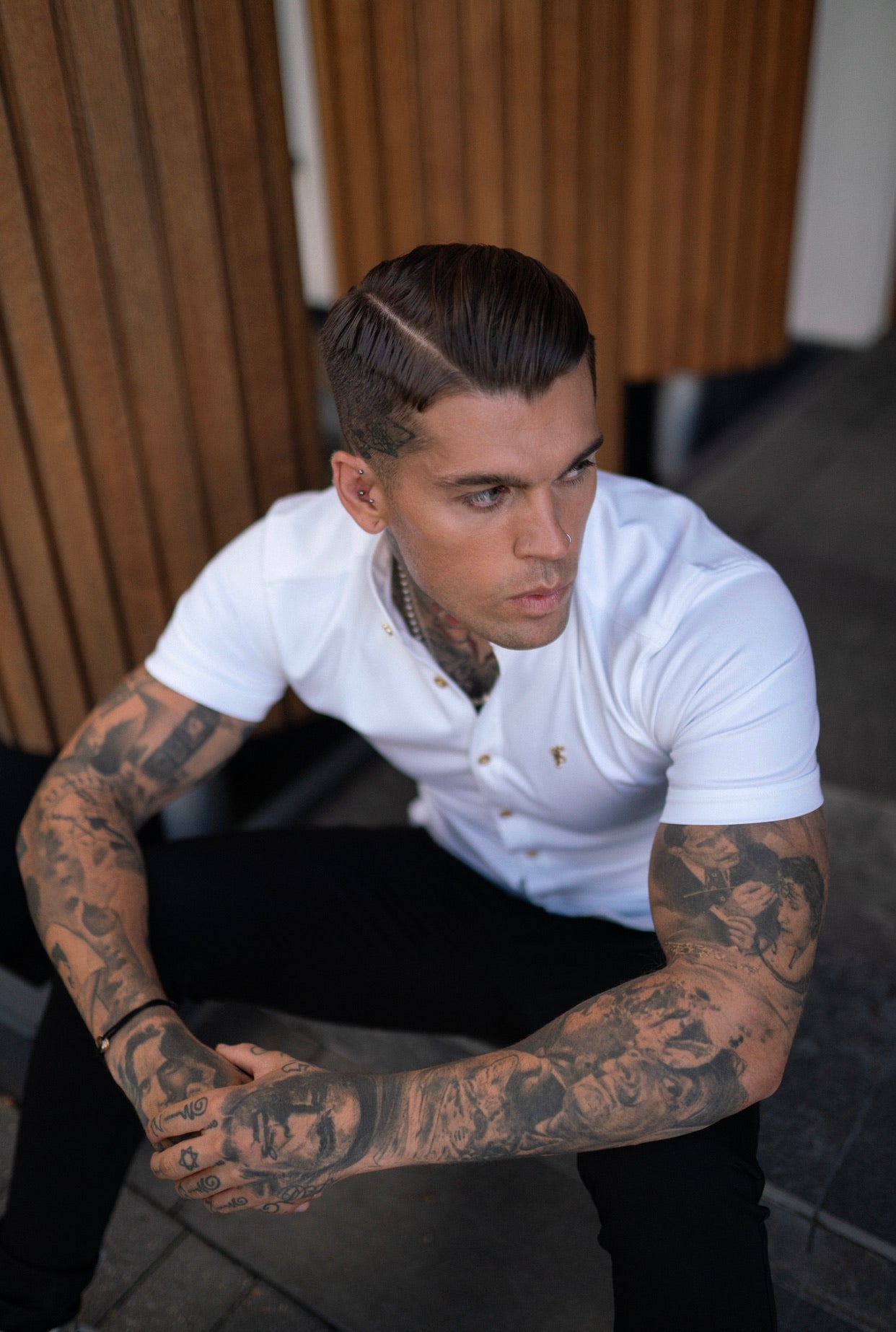 Elevate Your Style: Father Sons Super Slim Stretch White Denim Grandad Shirt with Metal Buttons and Decal Emblem - FS720