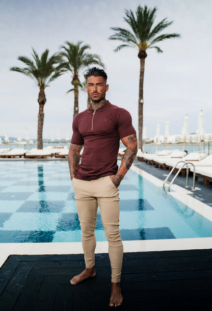 Elevate Your Wardrobe with the Luxurious Burgundy and Gold Zipped Polo Shirt by Father Sons - FSH814
