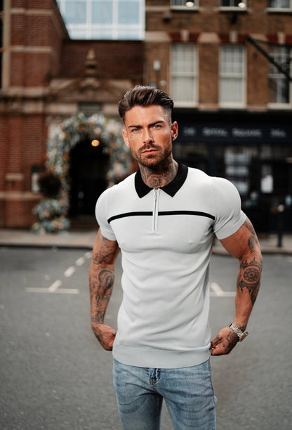 Elevate Your Style with the Father Sons Silver Grey and Black Stripe Zipped Polo - Short Sleeve FSN040