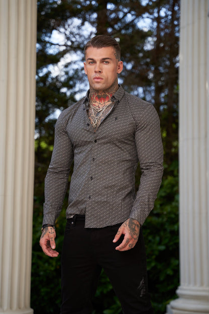 Stylish Father Sons Super Slim Stretch Long Sleeve Shirt in Black and Off White Abstract Print - Perfectly Tailored with Button Down Collar - FS786