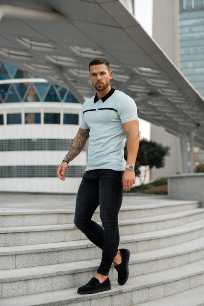 Elevate Your Style with the Father Sons Silver Grey and Black Stripe Zipped Polo - Short Sleeve FSN040