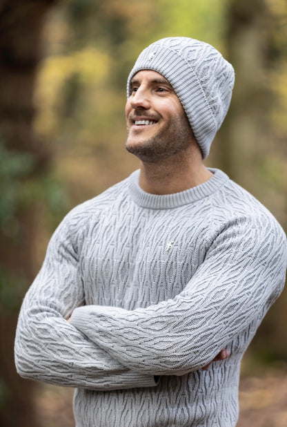 Stylish Silver Grey Knitted Beanie with Elongated Diamond Design and Metal Decal - Father Sons FSN056