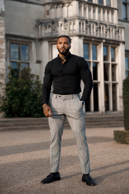Elevate Your Style with Father Sons Slim Fit Grey Prince of Wales Check Stretch Trousers - Pre-Order Now for Release on 19th September!