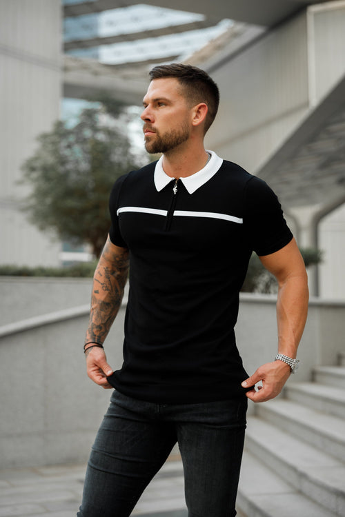 Elevate Your Style with the Father Sons Classic Black & White Striped Zipped Polo - Short Sleeve Edition!