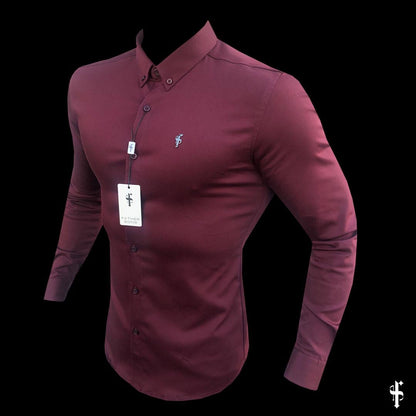 Elevate Your Style with Our Burgundy Super Slim Stretch Denim Long Sleeve Shirt Featuring a Sleek Metal Decal Emblem - FS628