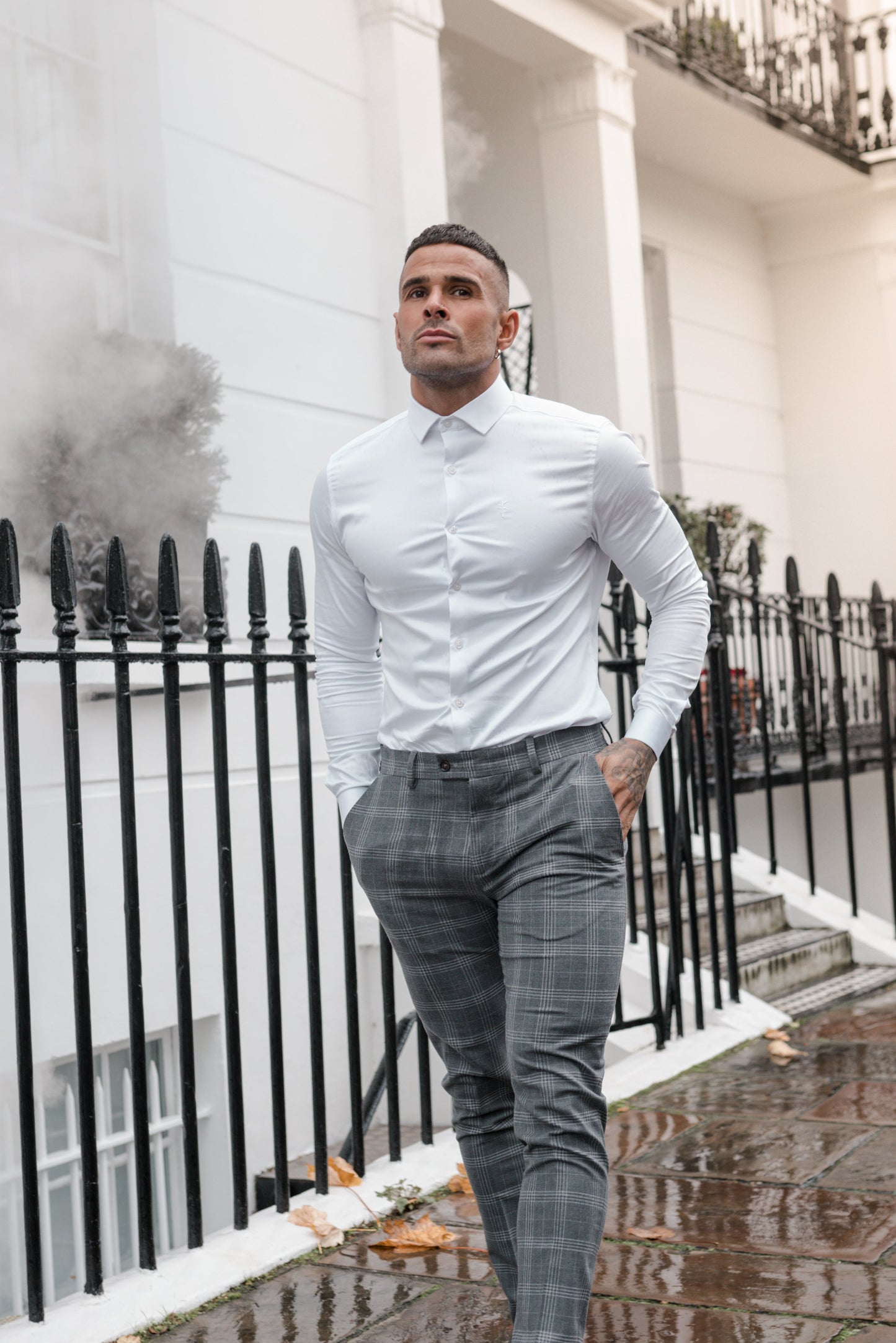 Elevate Your Style with Father Sons Slim Fit Silver Grey Check Stretch Trousers - FST005