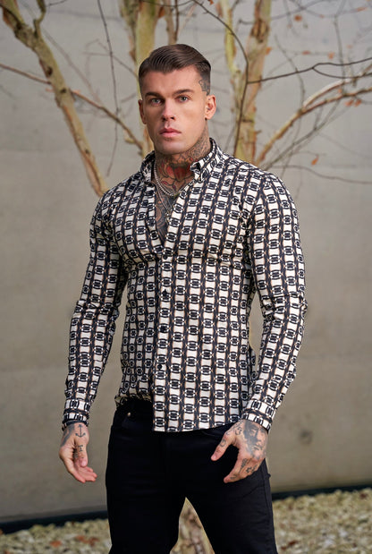 Elevate Your Style with the Father Sons Super Slim Fit Stretch Long Sleeve Shirt in Black, Cream, and Taupe Link Print – FS848
