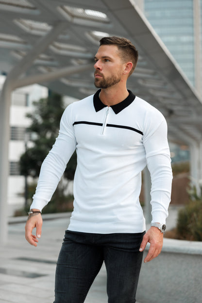 Elevate Your Wardrobe with the Father Sons Classic Striped Zipped Polo - Timeless White & Black Long Sleeve Design - FSN050