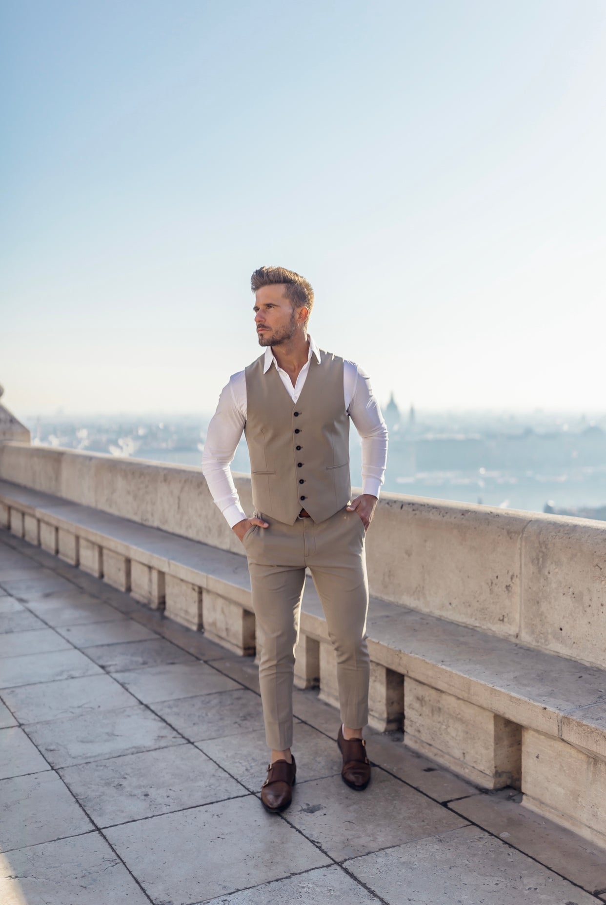 Father Sons Tailored Beige Stretch Trousers for a Sleek Formal Look - FST003
