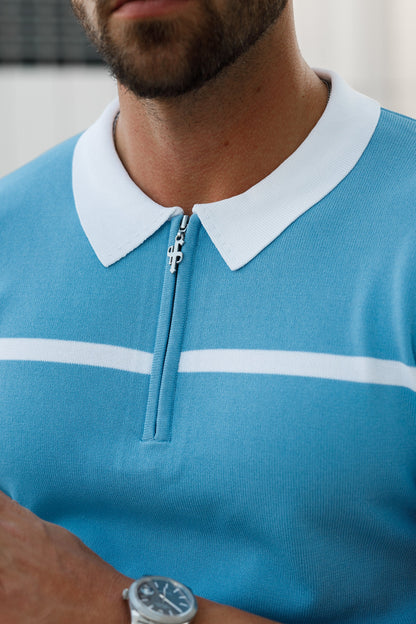 Elevate Your Style with the Father Sons Sky Blue & White Striped Zipped Polo – Short Sleeve Essentials - FSN058