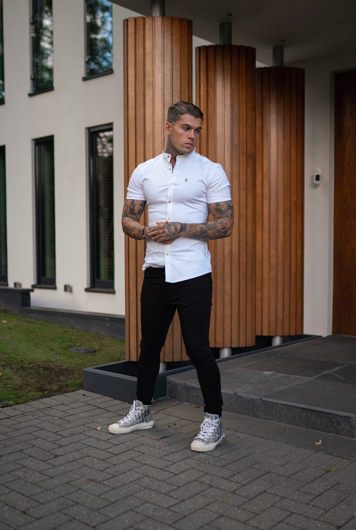 Elevate Your Style: Father Sons Super Slim Stretch White Denim Grandad Shirt with Metal Buttons and Decal Emblem - FS720