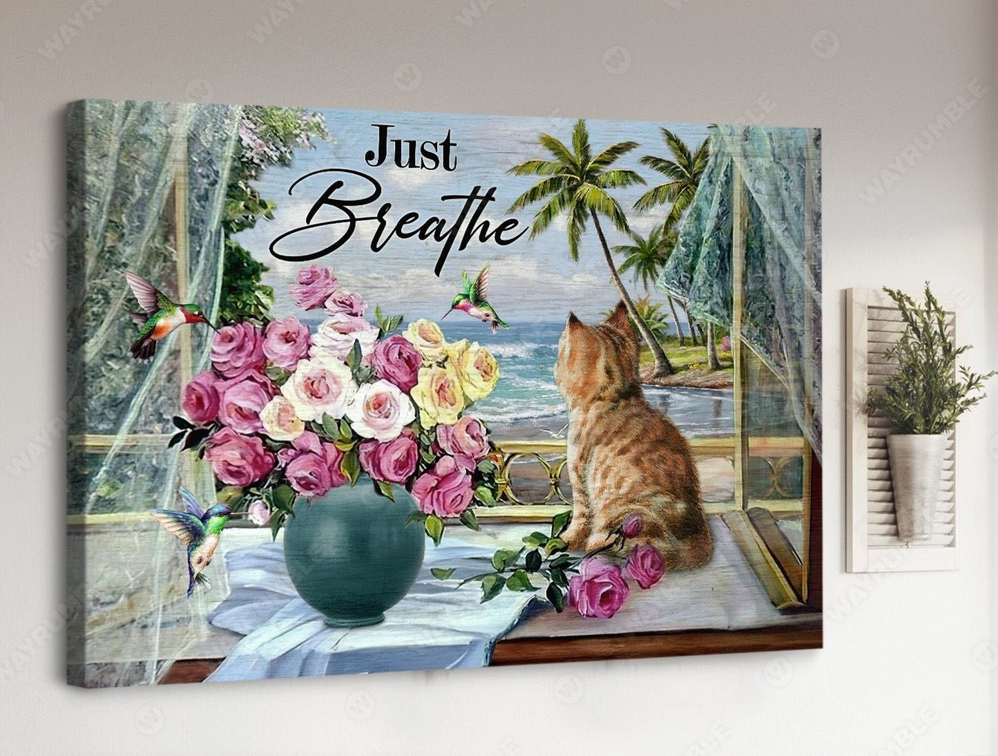 Dreamy Landscape Canvas Prints: Pink Rose Vase, Hummingbird, Beach Serenity, and Inspirational "Just Breathe" - Perfect Christian Wall Art!